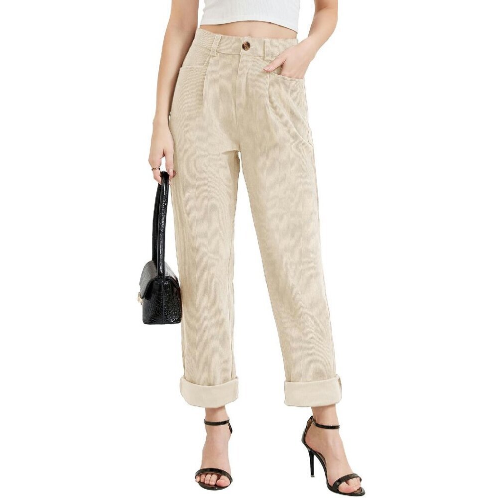 High Waisted Corduroy Pants Straight Leg Stretchy Work Trousers Pockets